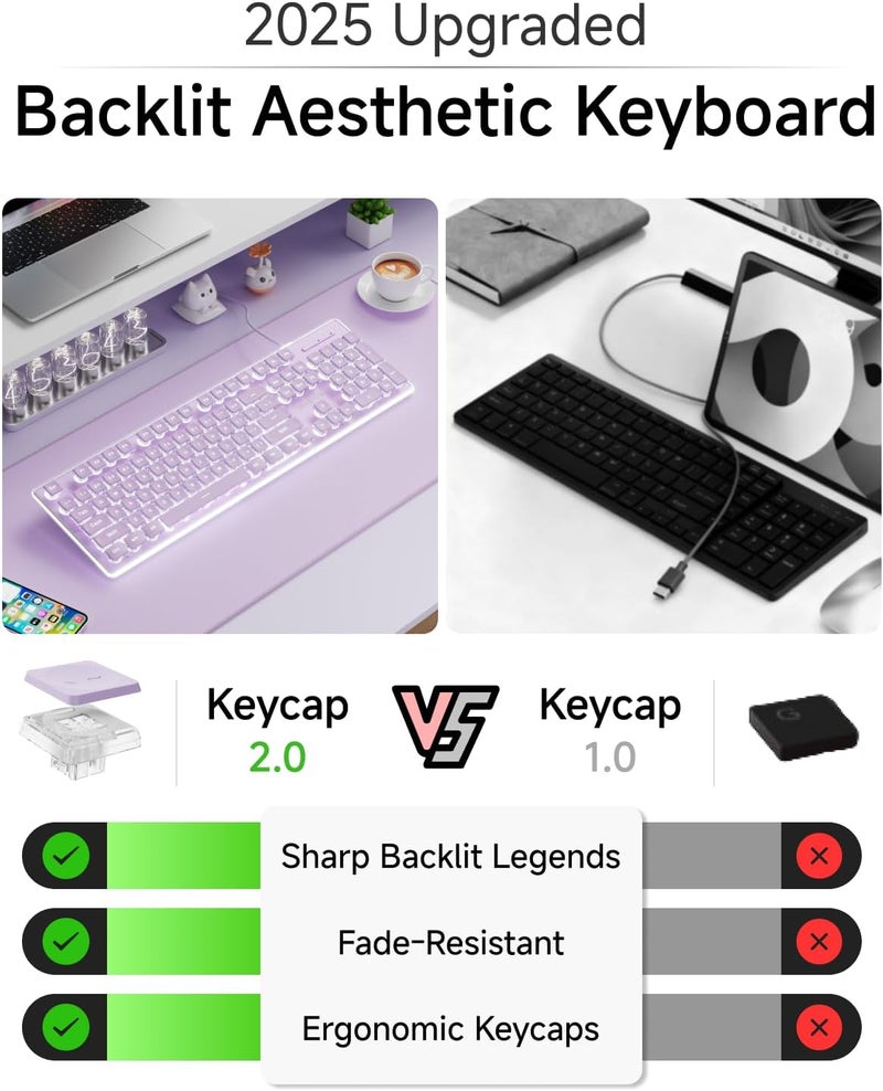 SEUNKWANG EWEADN GX710S Backlit Computer Keyboards, Wired USB Keyboard with White Backlit, Metal Panel, Plug and Play, Pudding Keycaps Full Size Quite Computer Keyboard for Win/PC/Laptop-Purple - Image 2